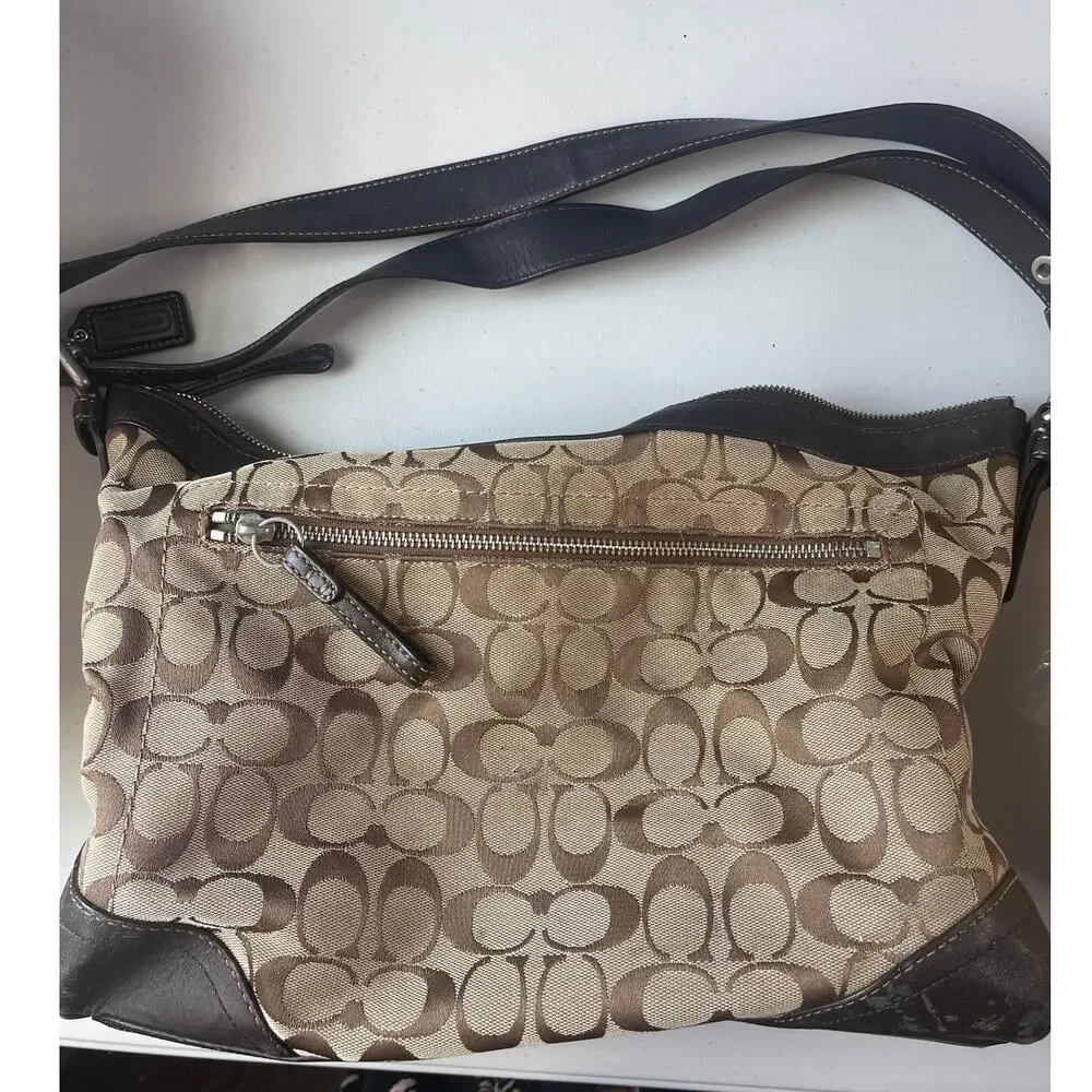 Coach Signature Jacquard Shoulder Bag Brown Tan Canvas Leather Trim Zip Top